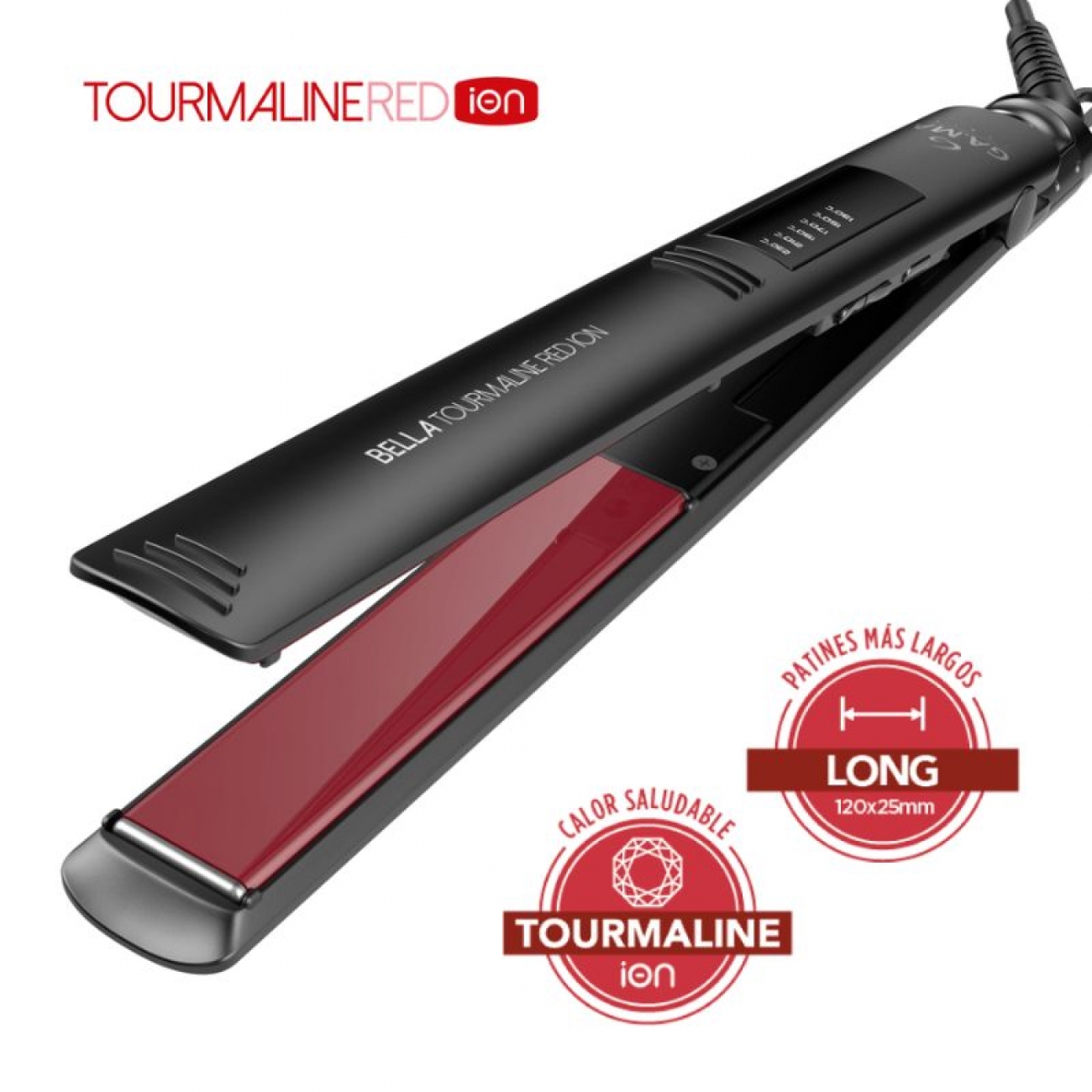 Imagen Planchita De Pelo Gama Bella Tourmaline Red Ion Regulable