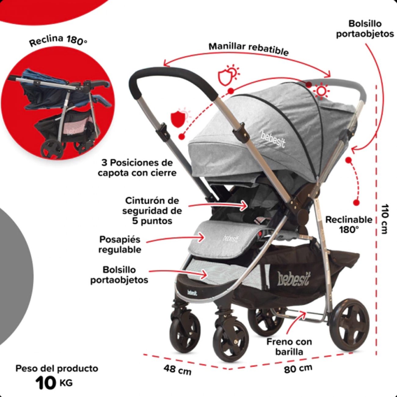Imagen Cochecito Bebé Bebesit 1390-e 4 Ruedas 15kg Reclina Gris